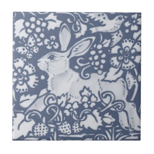 Rabbit Hare Denim Blue Botanical Dedham Delft Ceramic Tile