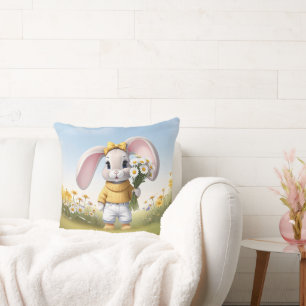 Rabbit holding bouquet of white daisies throw pillow