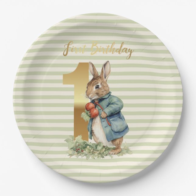 Rabbit holding vegetables First Birthday Paper Plates (Front)