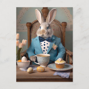 Rabbit in a blue coat and bow tie postcard