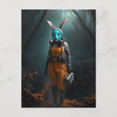 Rabbit in a blue gas mask in the woods postcard