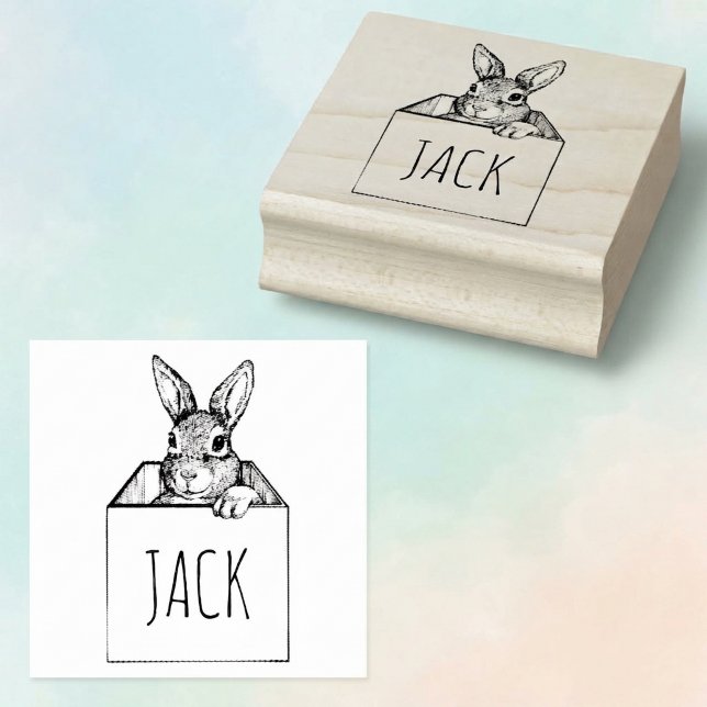 Rabbit In a Box Custom Name Rubber Stamp (Bunny rabbit in a box custom name rubber stamp.)