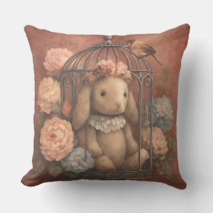 Rabbit in a Cage with Flowers, Vintage, Shabby Ch Throw Pillow