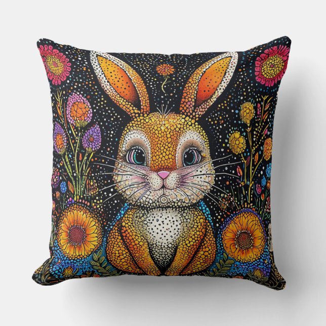 Rabbit in a Floral Fantasy Setting Throw Pillow (Front)