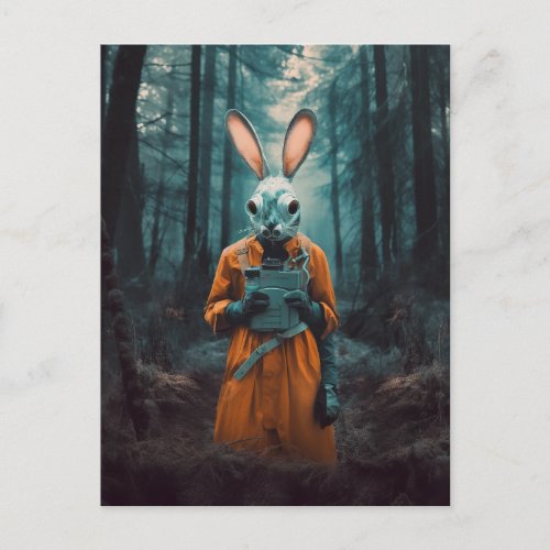 Rabbit in a gas mask in the woods postcard