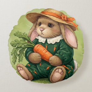 Rabbit in a Green Jumpsuit with a Carrot Round Pillow