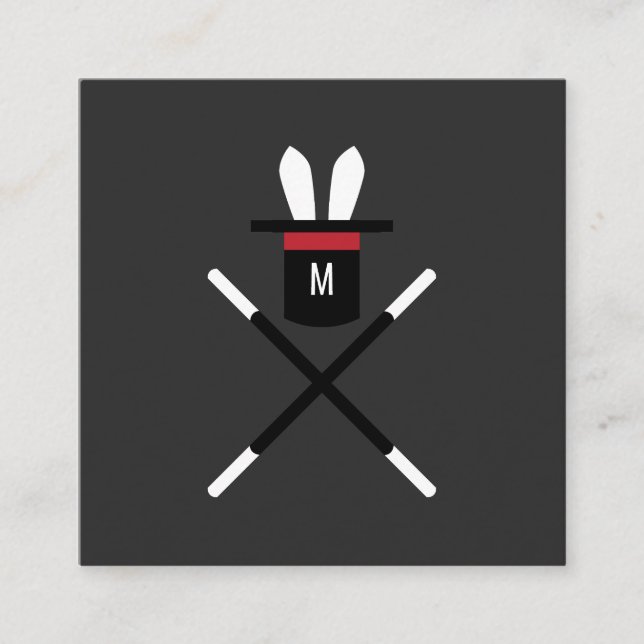 Rabbit in a Hat Dark Gray & Red Monogram Magician Square Business Card (Front)