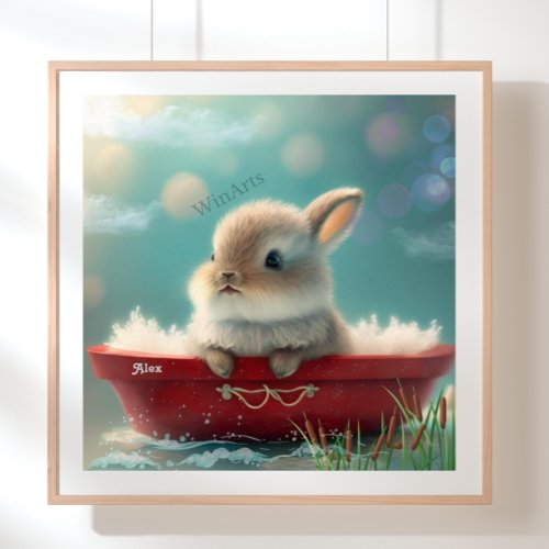 Rabbit in a Red Boat Personalized Art Nursery Poster