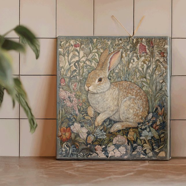 Rabbit in an English Garden William Morris Style Ceramic Tile (Creator Uploaded)