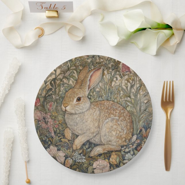 Rabbit in an English Garden William Morris Style Paper Plates (Wedding)