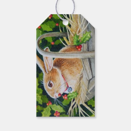 Rabbit in Basket with Holly Sprigs Watercolor Art Gift Tags