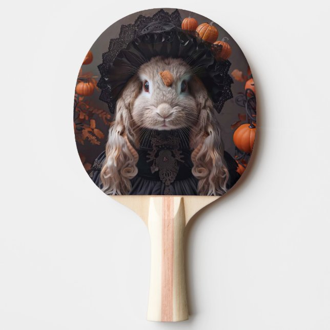 Rabbit in black medieval costume ping pong paddle (Front)