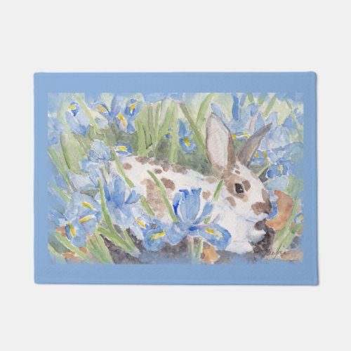 Rabbit in Blue Dutch Irises Doormat