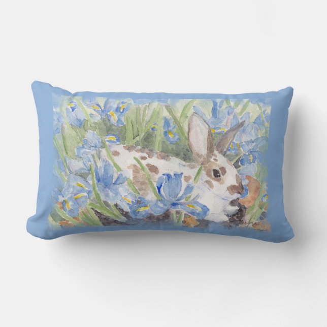 Rabbit in Blue Dutch Irises Lumbar Pillow (Front)