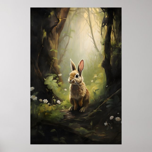 Rabbit in green forest wall print, dark academia poster (Front)