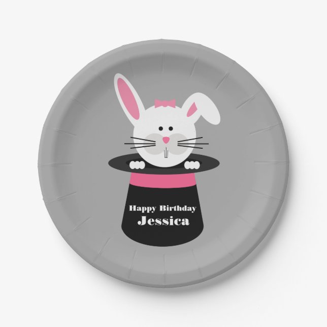 Rabbit In Hat Magician Birthday - Pink Paper Plates (Front)