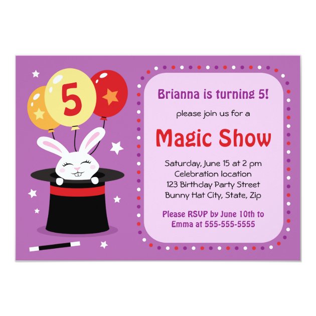 Rabbit In Magicians Hat Magic Show Birthday Party Invitation