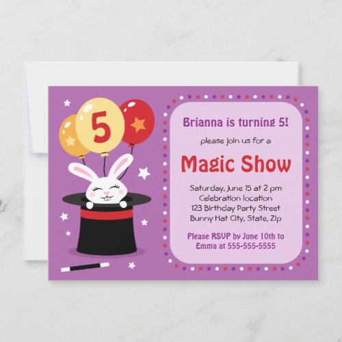 Rabbit in magicians hat magic show birthday party invitation