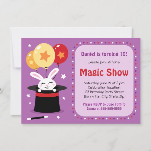 Rabbit in magicians hat magic show birthday party invitation