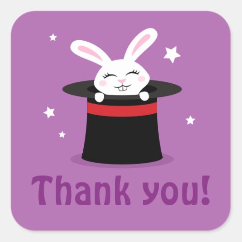 Rabbit in magicians hat magic show party thank you square sticker