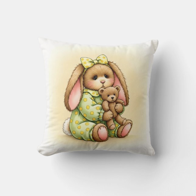 Rabbit in Pajamas with a Plush Teddy Throw Pillow (Front)