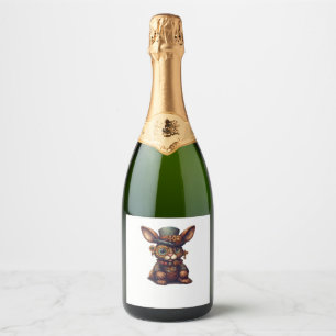 Rabbit in steampunk mechanical gear, vibrant bunny sparkling wine label