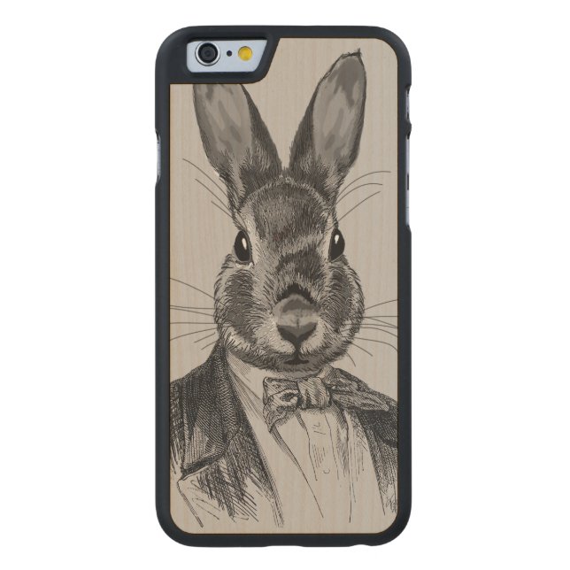 Rabbit In Suit Portrait Carved Wood iPhone Case (Back)