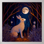 Rabbit in the Moonight Poster<br><div class="desc">A rabbit enjoys the full moon in the forest. This is a collaboration between me and AI. It combines elements of Art Deco and folk art in mostly blue and orange.</div>