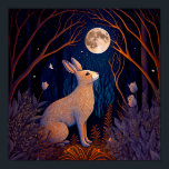 Rabbit in the Moonight Poster<br><div class="desc">A rabbit enjoys the full moon in the forest. This is a collaboration between me and AI. It combines elements of Art Deco and folk art in mostly blue and orange.</div>