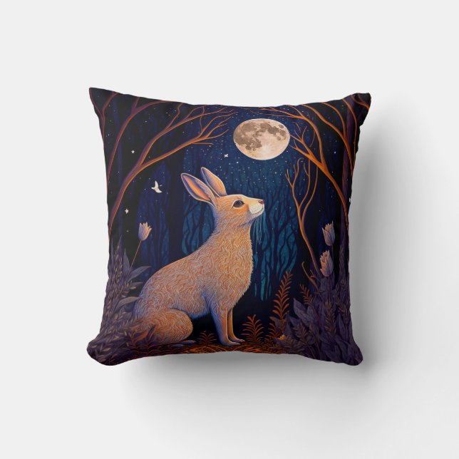 Rabbit in the Moonlight Throw Pillow (Front)