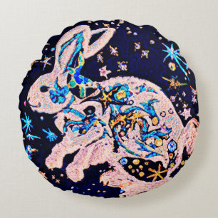Rabbit in the Sky with Stars Round Pillow