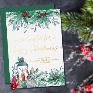 Rabbit Lantern and Holly Happy Christmas Gold Foil Holiday Card