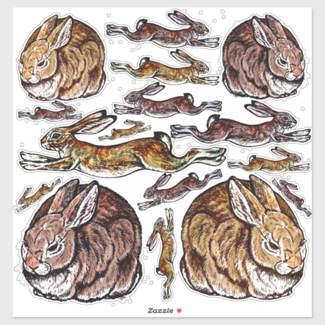 Rabbit Leaping Hare Brown Pen & Ink Large Vinyl Sticker (Sheet)