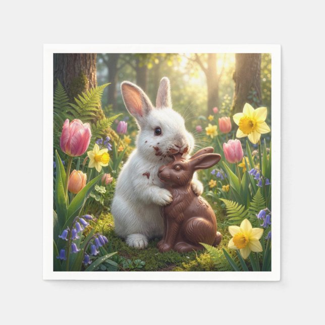 Rabbit Licking a Chocolate Easter Bunny Napkins (Front)