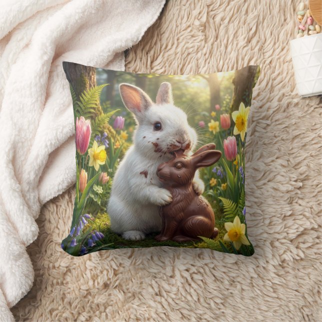 Rabbit Licking a Chocolate Easter Bunny Throw Pillow (Blanket)