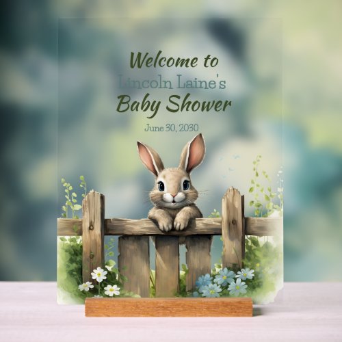 Rabbit Looking Over A Fence Baby Boy Shower Acrylic Sign