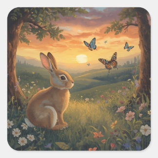 Rabbit Love Butterfly Sunset Illustrations & Vecto Square Sticker