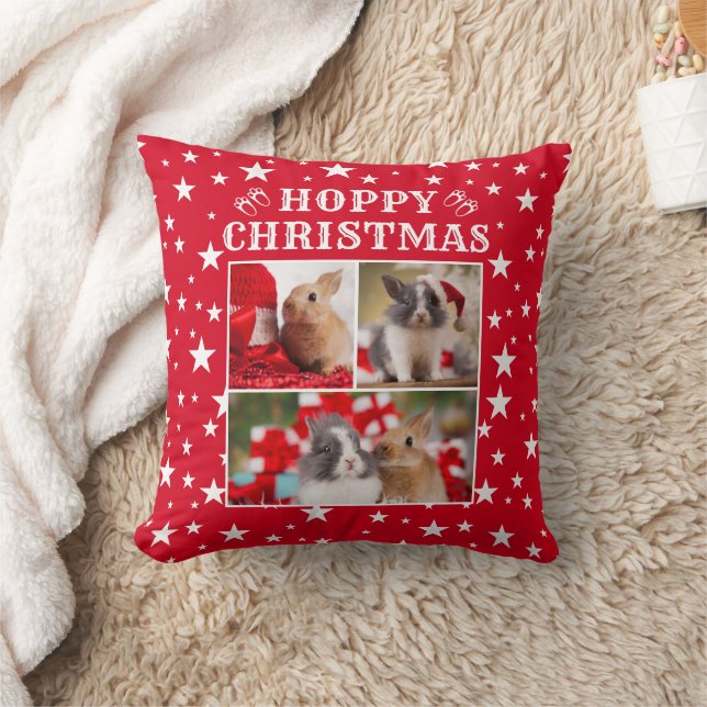 Rabbit Lover's Custom Happy Christmas Three Photo Throw Pillow (Blanket)