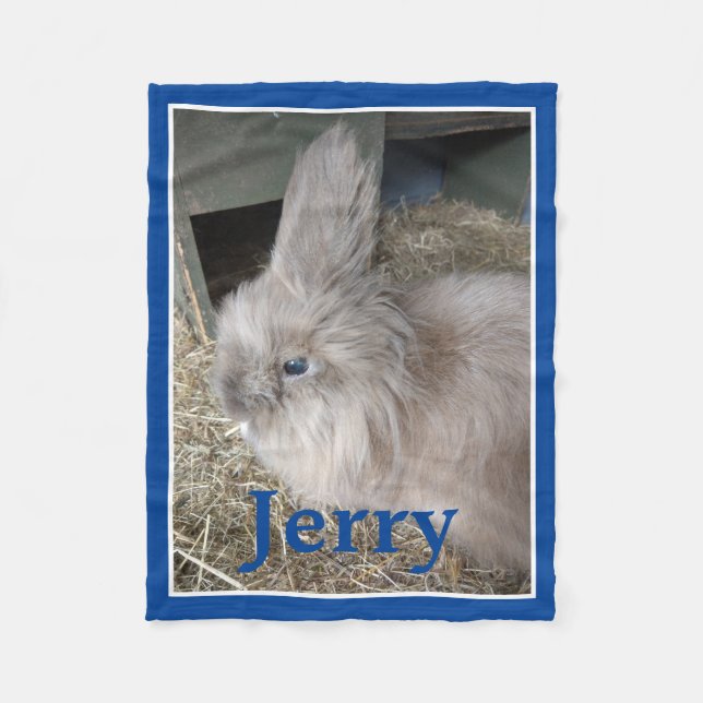 Rabbit Lover's Personalized Photo and Name Blue Fleece Blanket (Front)