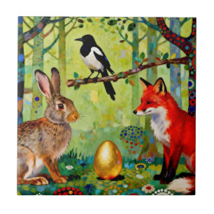 Rabbit, Magpie, Fox and “The Forest’s Secret”  Ceramic Tile