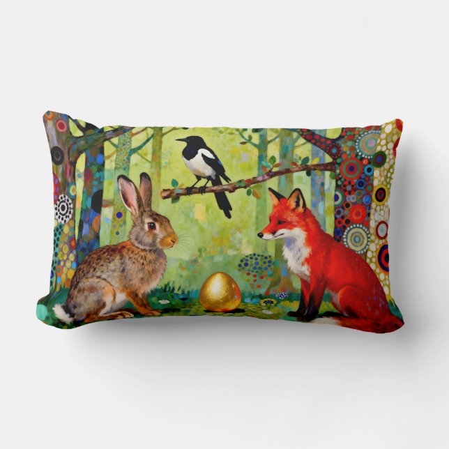 Rabbit, Magpie, Fox and “The Forest’s Secret”  Lumbar Pillow (Front)