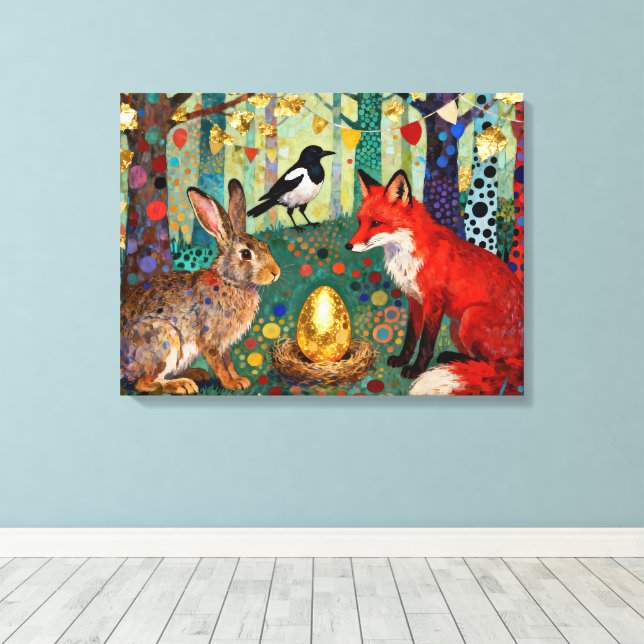 Rabbit, Magpie, Fox and “The Golden Goose Egg” Canvas Print (Insitu(Wood Floor))