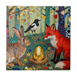 Rabbit, Magpie, Fox and “The Golden Goose Egg” Ceramic Tile