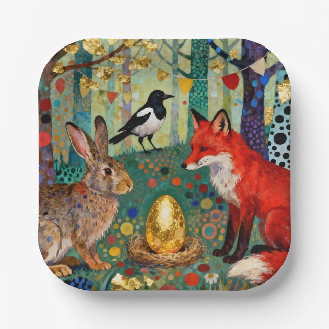 Rabbit, Magpie, Fox and “The Golden Goose Egg” Paper Plates (Front)