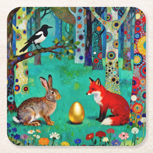 Rabbit, Magpie, Fox and “The Sharing Path” Square Paper Coaster (Front)