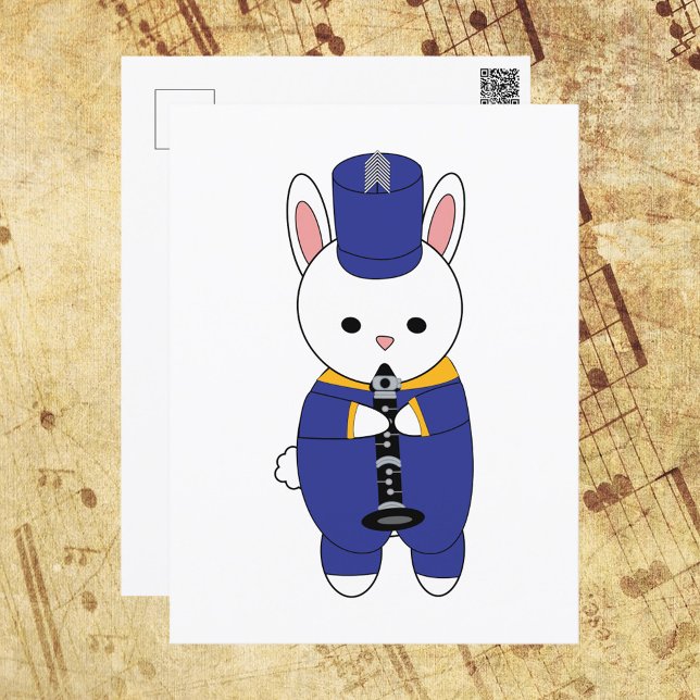 Rabbit Marching Band Clarinet Blue Yellow Postcard (A postcard with a rabbit playing the clarinet in a blue and yellow marching band uniform.)