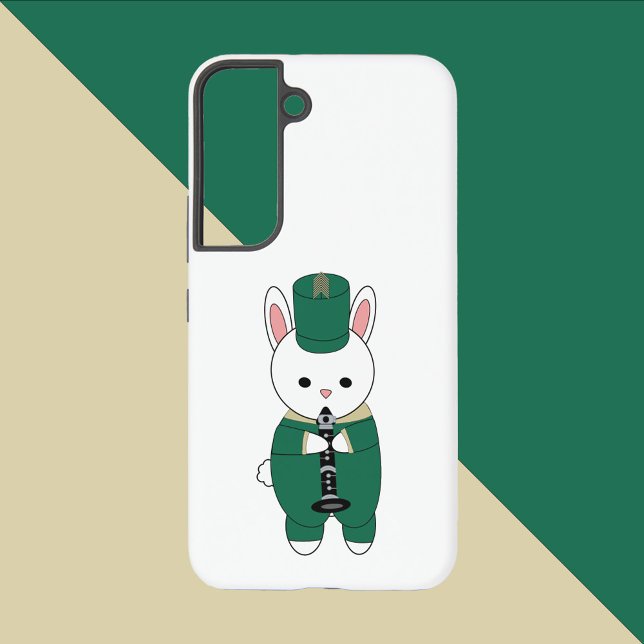 Rabbit Marching Band Clarinet Green Gold Samsung Galaxy Case (A phone case with a clarinet playing rabbit in a green & gold marching band uniform.)