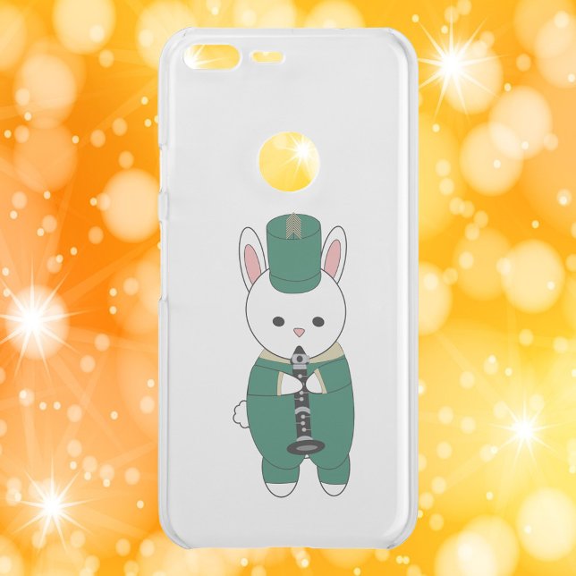 Rabbit Marching Band Clarinet Green Gold Uncommon Google Pixel XL Case (A phone case with a bunny playing the clarinet wearing a green & gold marching band uniform.)