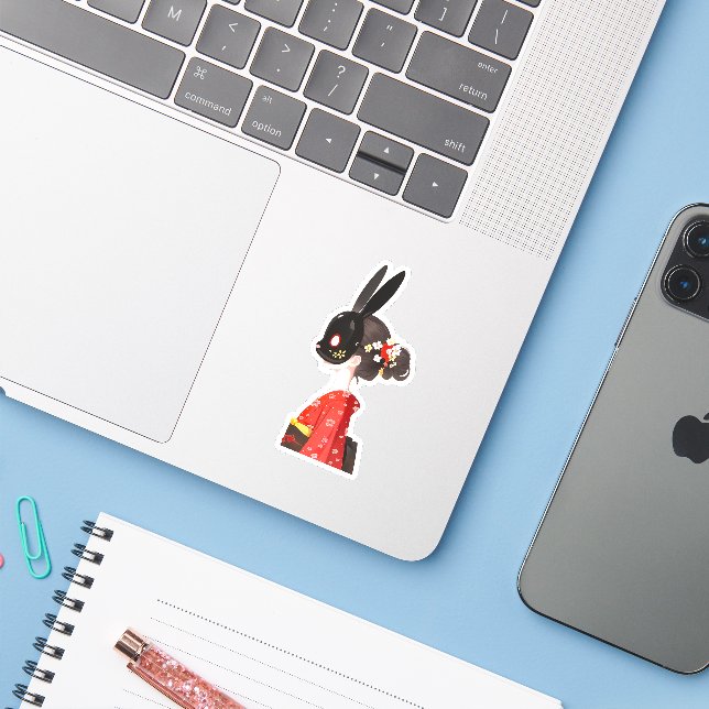 Rabbit Mask Kimono Girl – Dark Kawaii Sticker (Laptop w/ iPhone)