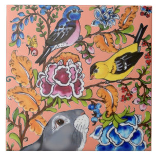 Rabbit Mural Floral Coral Top Half of 2 Pieces Ceramic Tile